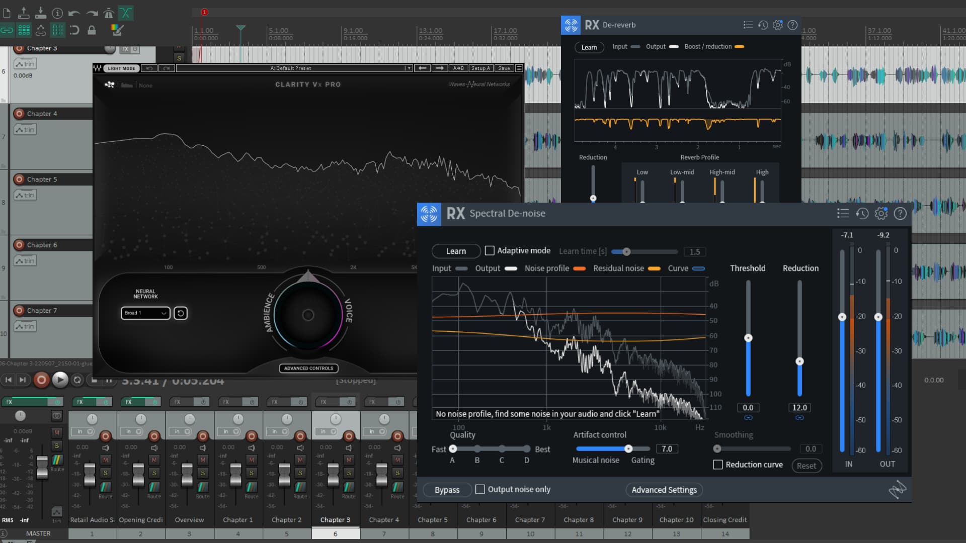 A restoration session: iZotope RX modules and Waves Clarity running inside Reaper