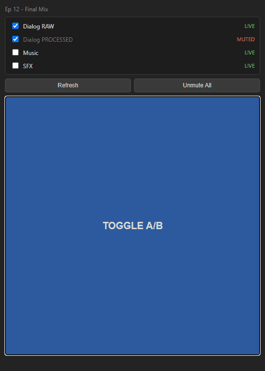 A/B Audio Toggle panel in Adobe Premiere Pro with two dialog tracks selected