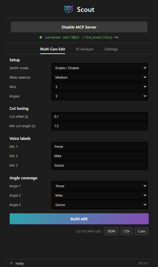 Scout panel in Adobe Premiere Pro with the MCP server connected and a multi-cam edit configured