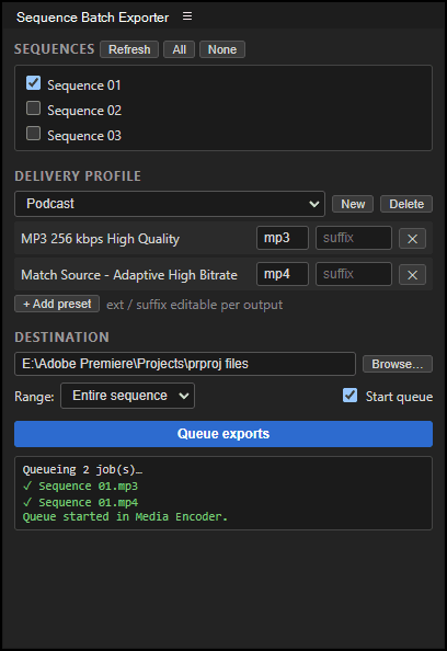 Sequence Batch Exporter panel in Adobe Premiere Pro