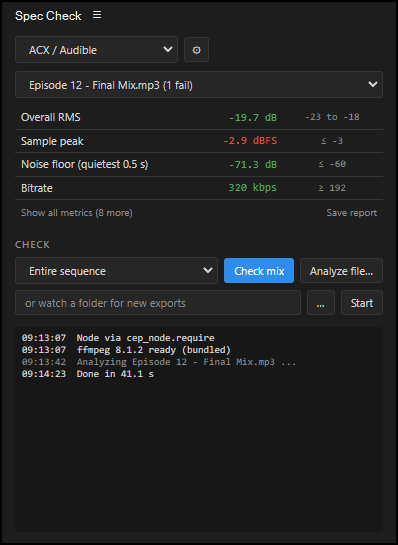 Spec Check panel in Adobe Premiere Pro showing a pass/fail scoreboard