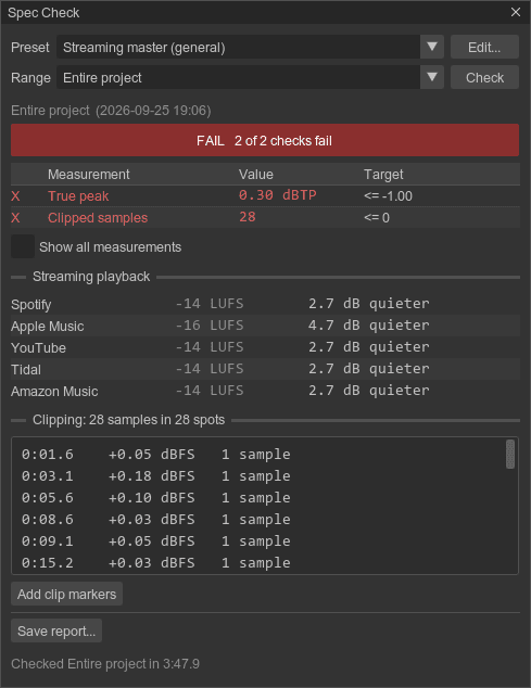 Spec Check window in REAPER showing a failed true peak check, streaming playback changes, and a list of clipped spots